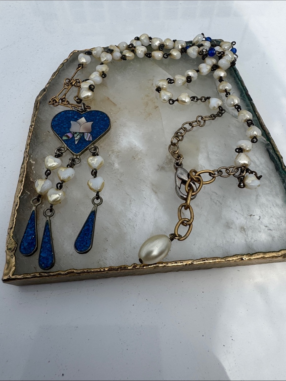 Pearl and Blue Enamel Heart Pendant Necklace